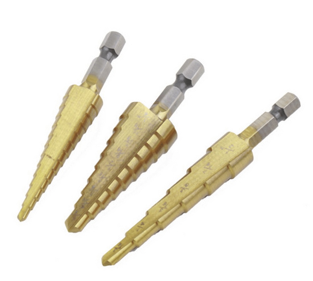 3pcs Step Drill Bit Set Steel Titanium Nitride Coated - 1/4" Shank